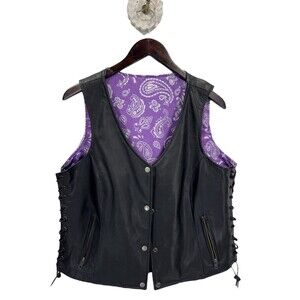 Unik Women’s XL Genuine Leather Moto Vest With Lace Up Sides Verbena